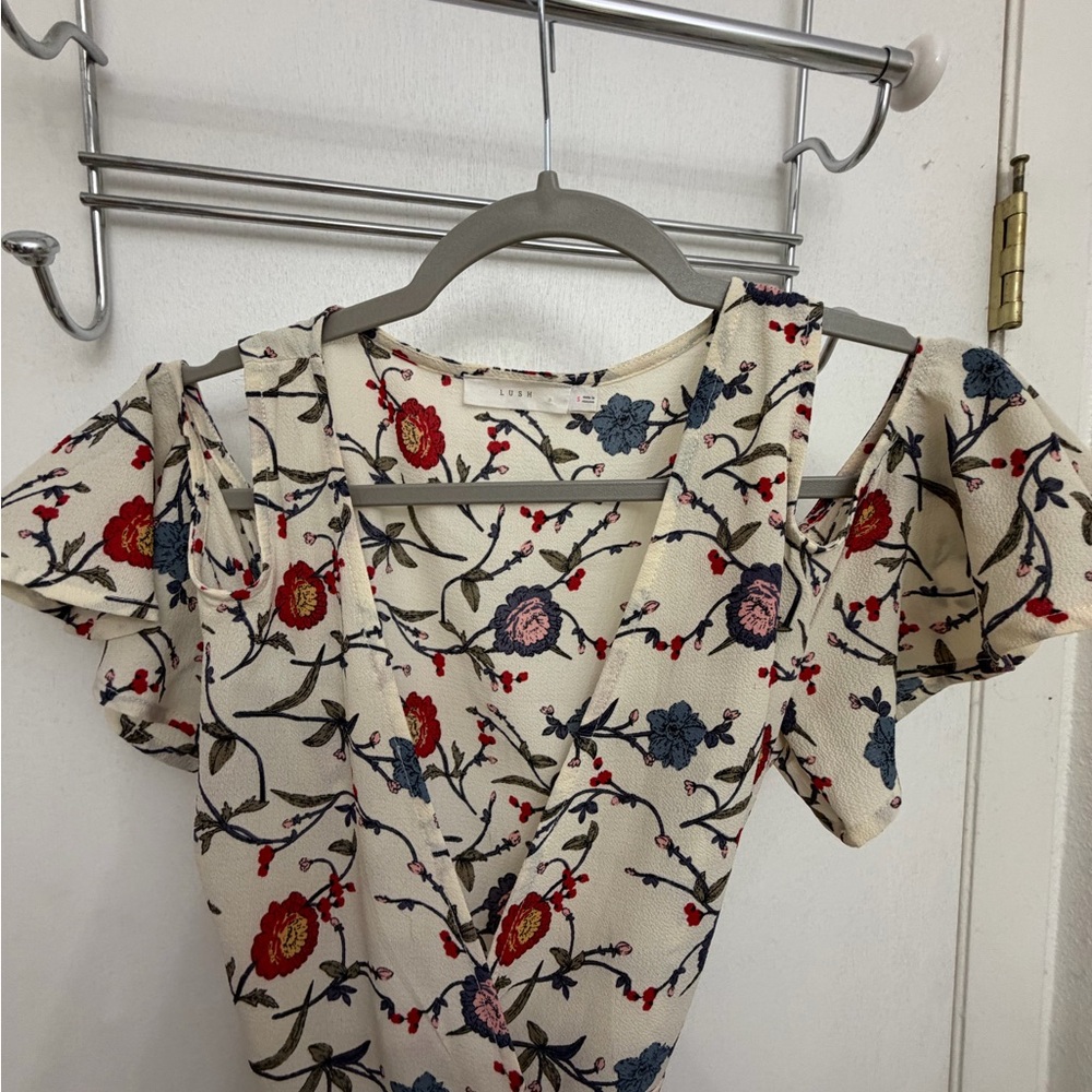 Lush Cream Floral Wraparound Midi Dress